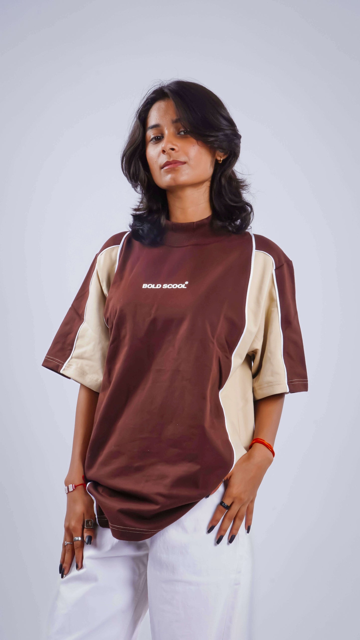 “Fearless” Brown Cream Block Tee : Women