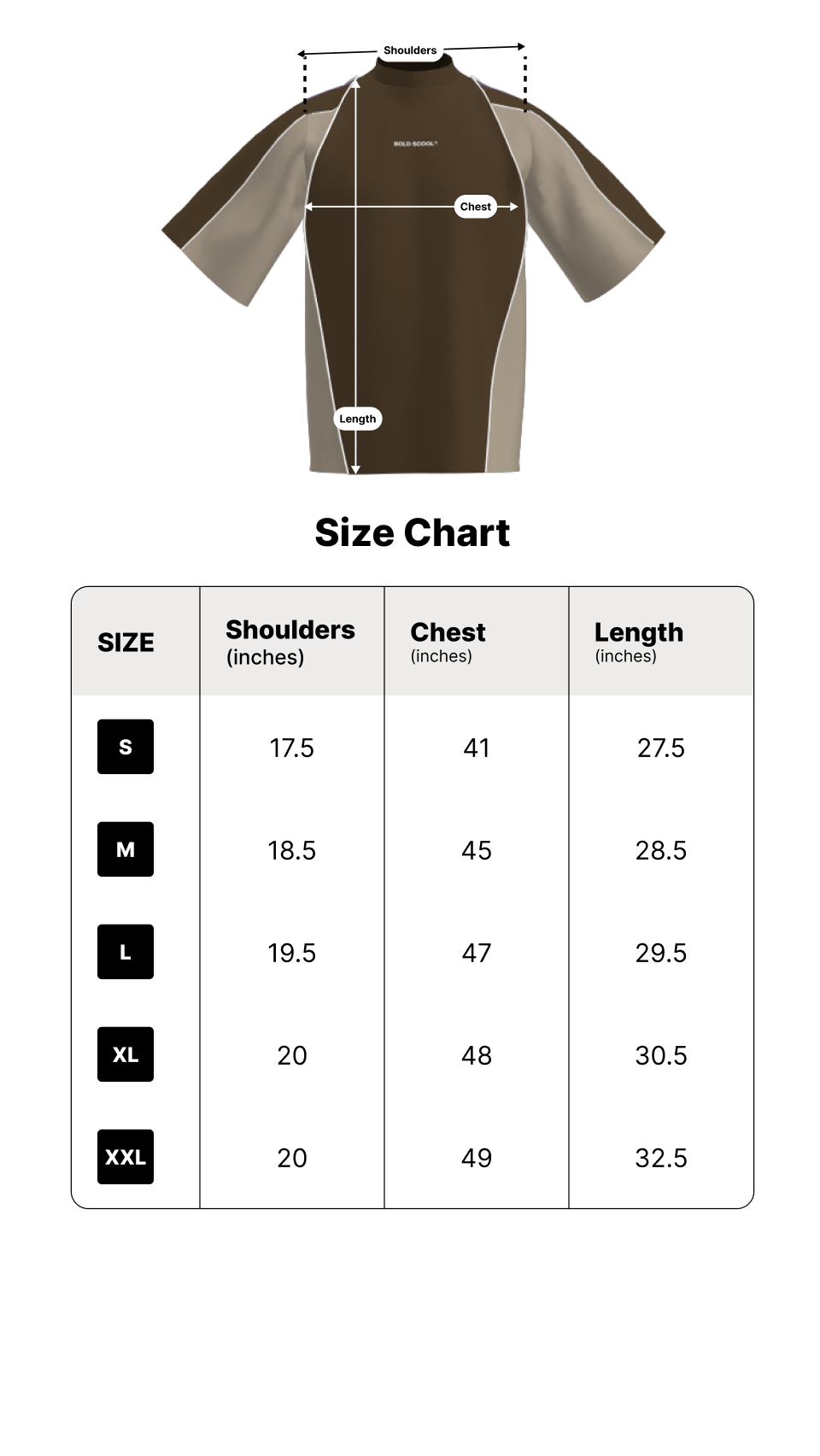 Size chart for “Fearless” Brown Cream Block Tee