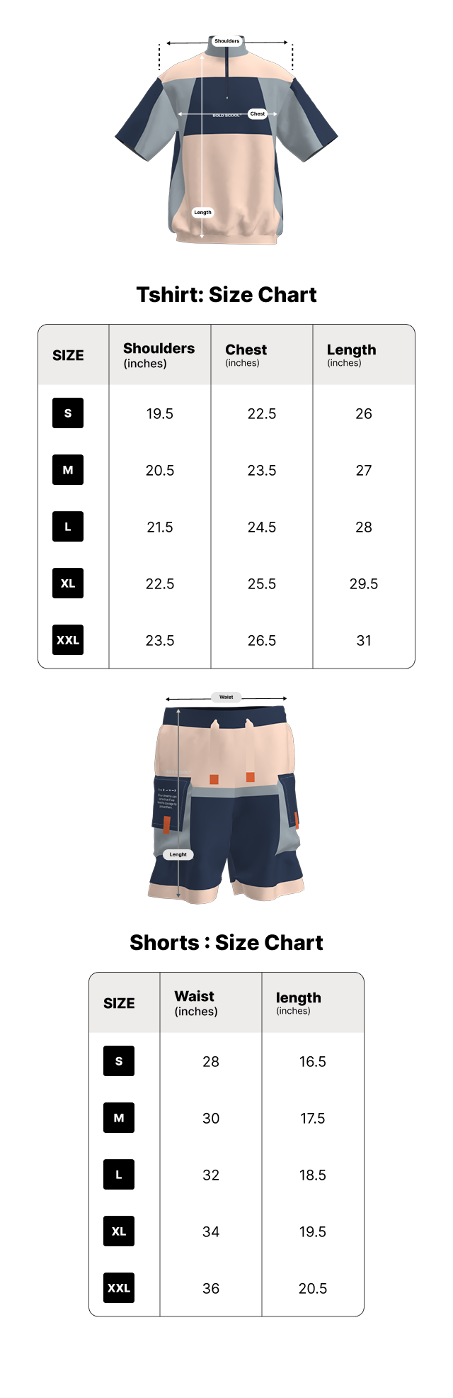 Size chart for Cohesion Co-Ord Set: Unisex Tshirt + Shorts